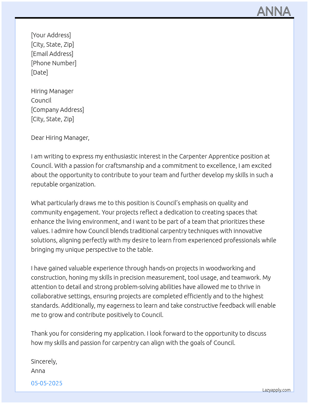Carpenter apprentice  At Council  Cover Letter