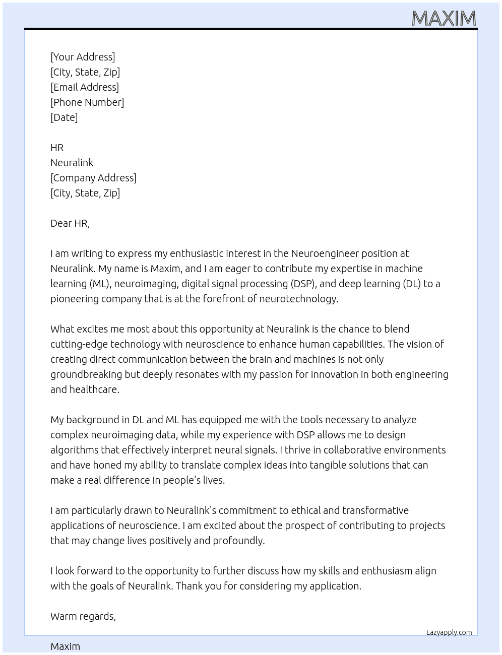 Cover letter for neuroengineer - LazyApply