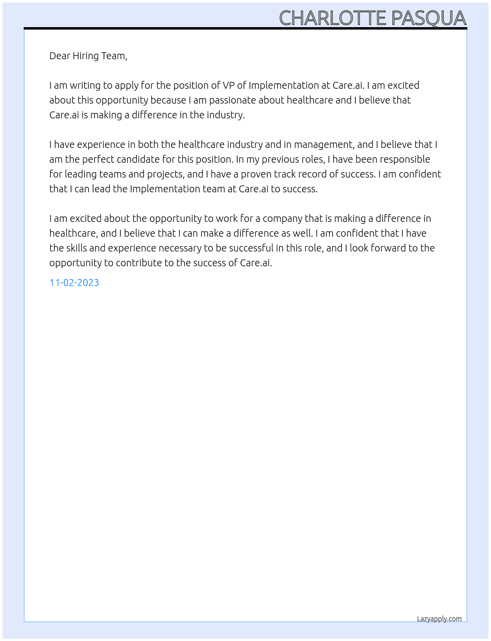 VP of Implementation At Care.ai Cover Letter