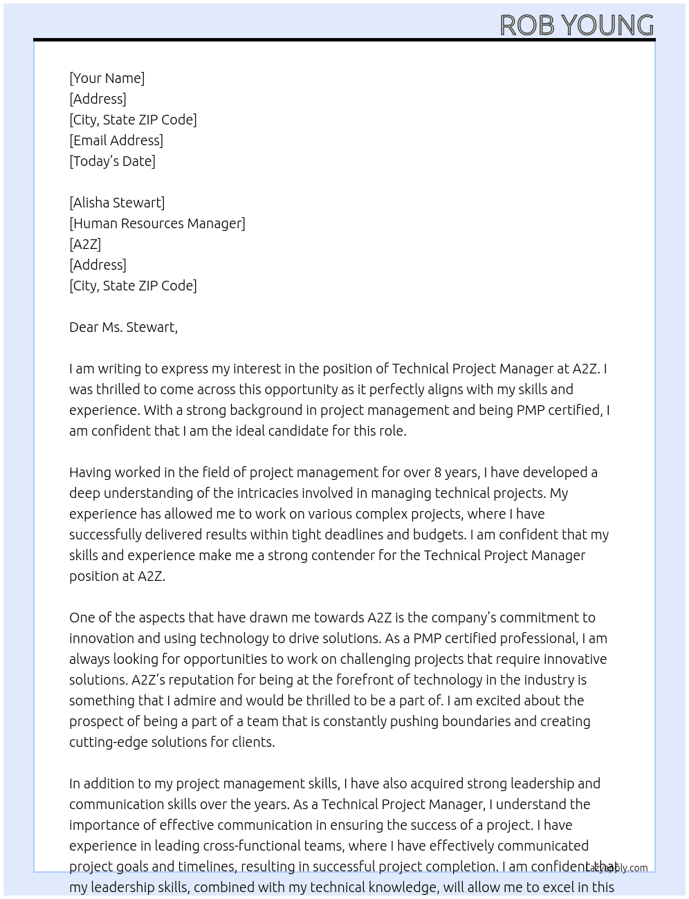 Technical Project Manager At A2Z Cover Letter
