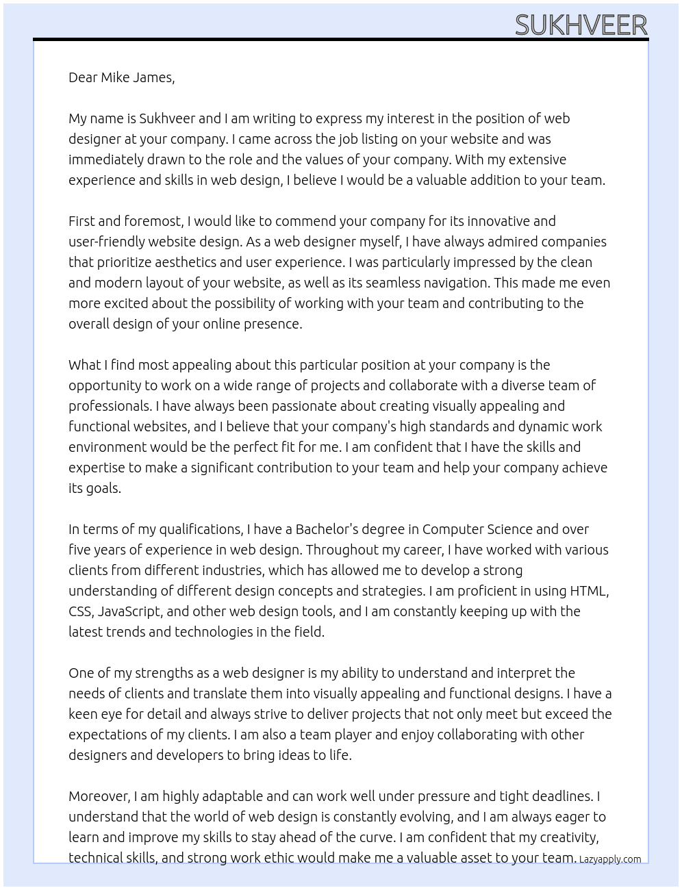 web designer At  Mike James Cover Letter