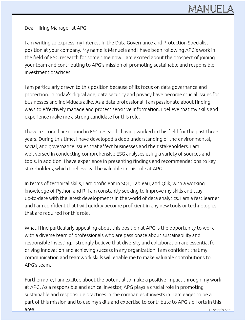 Data governance and protection specialist At APG Cover Letter