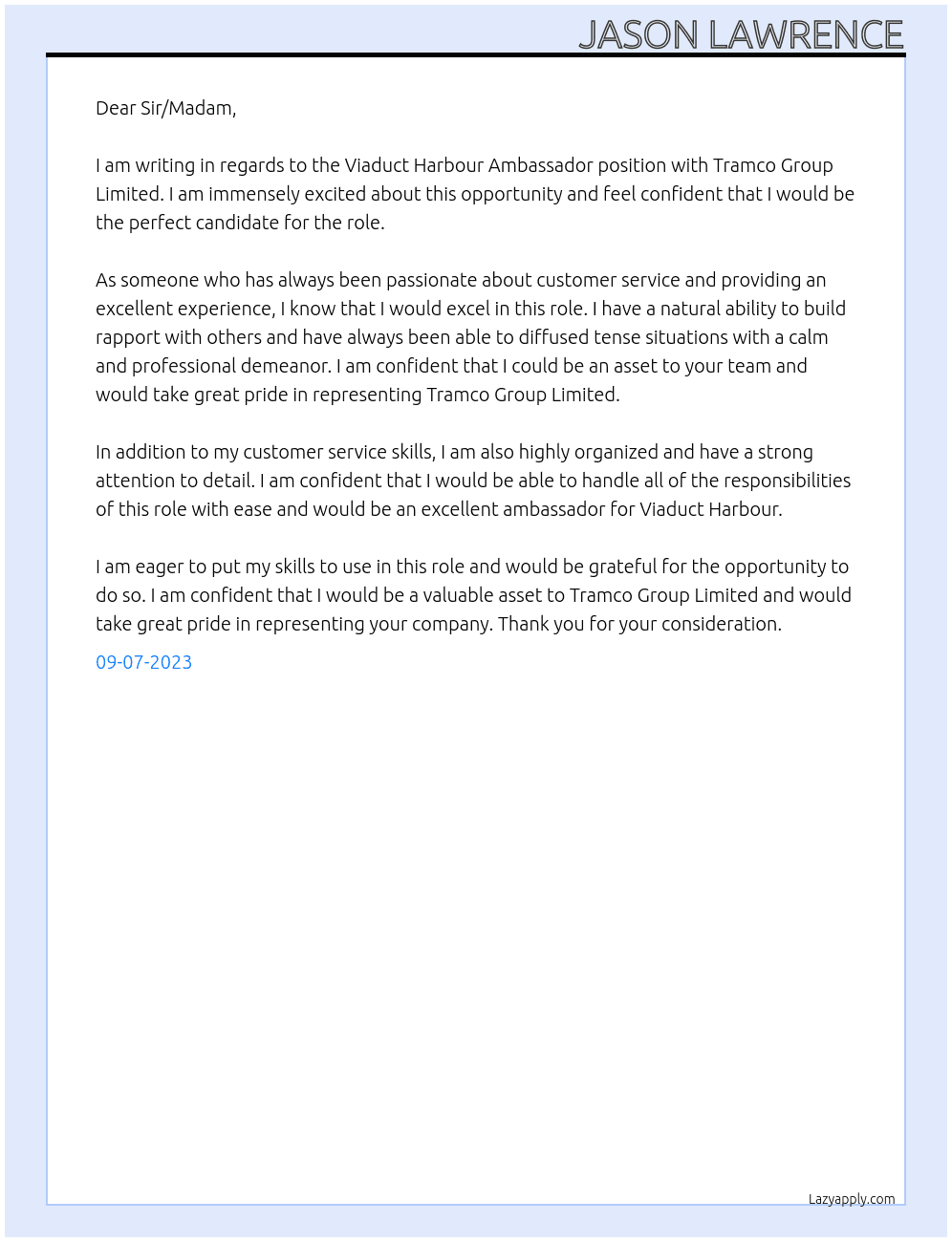 Viaduct Harbour Ambassador At Tramco Group Limited Cover Letter