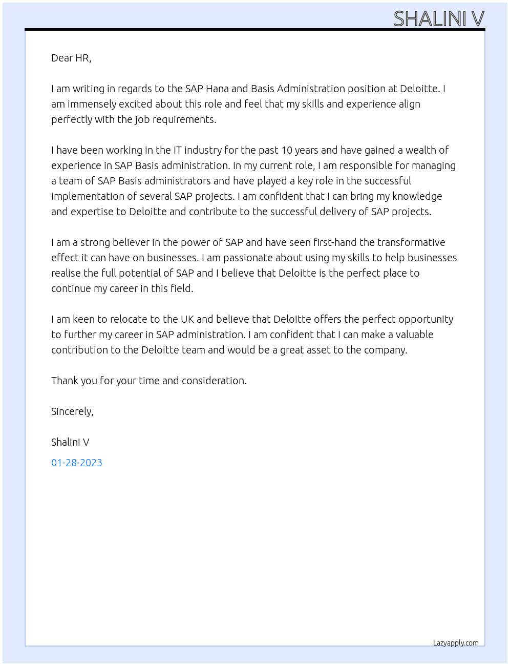 Cover letter for sap hana and basis administration - LazyApply