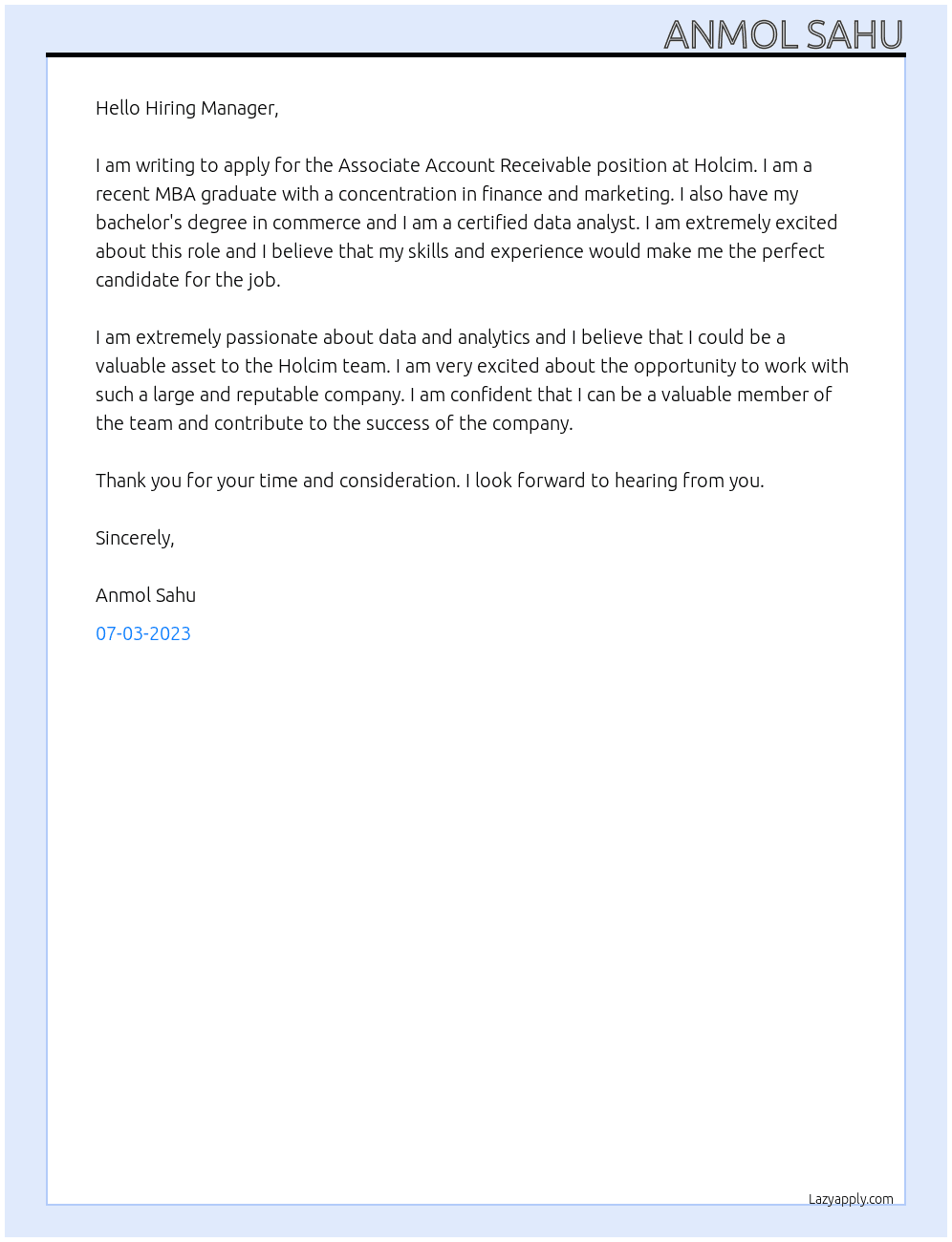 Associate account receivable  At Holcim Cover Letter