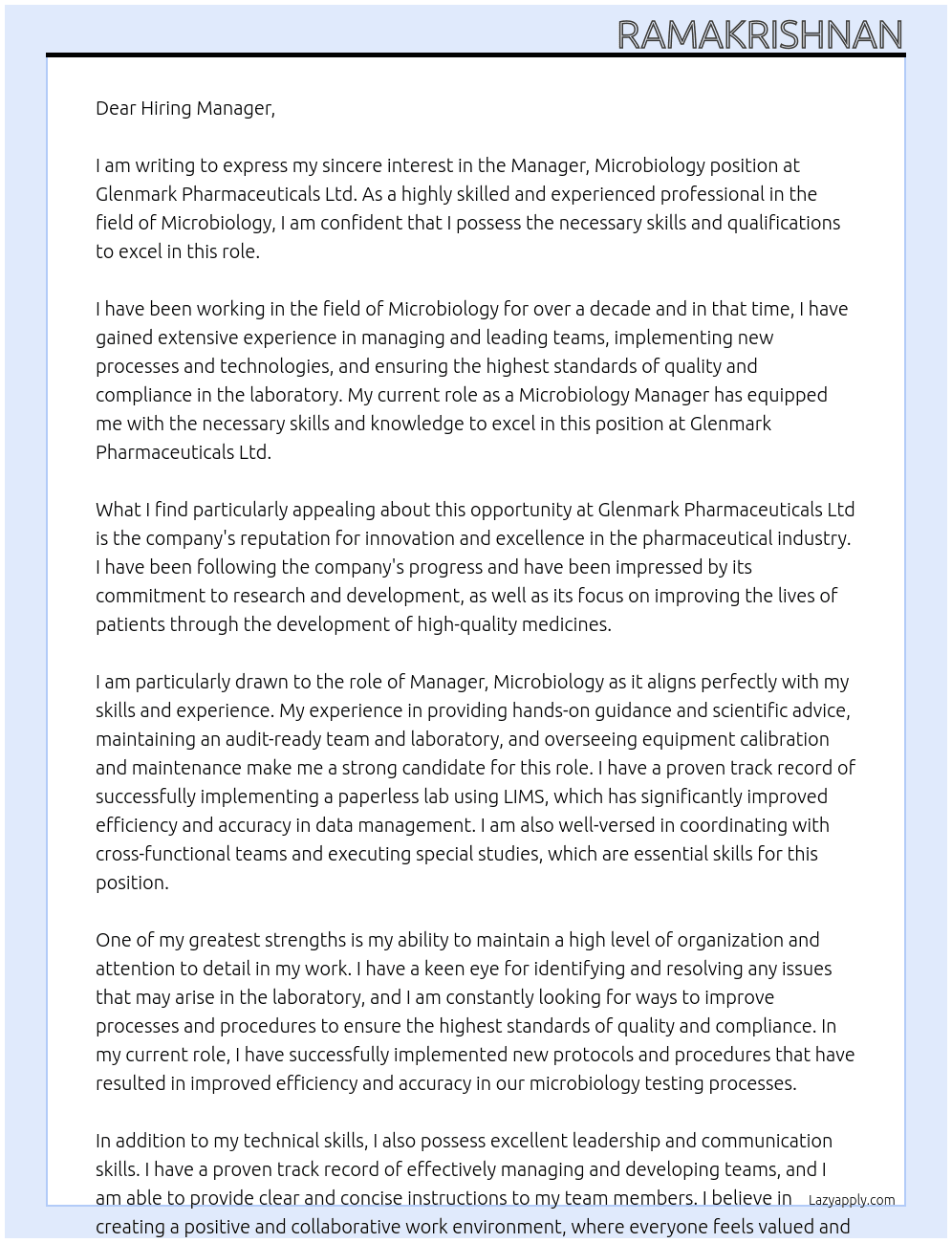 Manager,Microbiology At Glenmark Pharmaceuticals Ltd Cover Letter