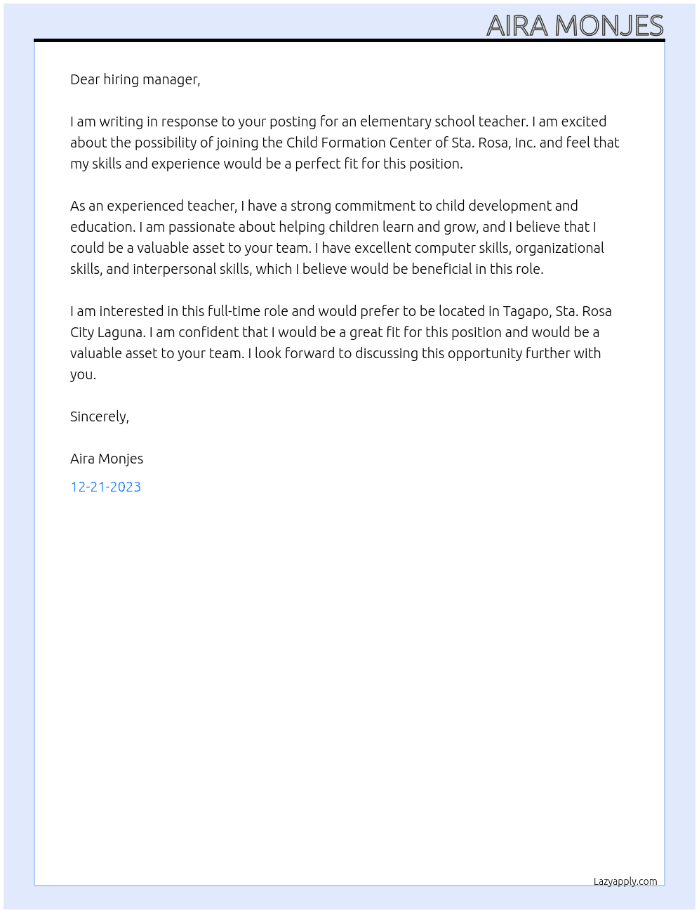 Elementary Teacher At Child Formation Center of Sta. Rosa, Inc. Cover Letter