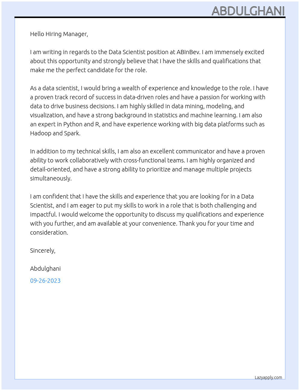 Data Scientist At ABInBev Cover Letter