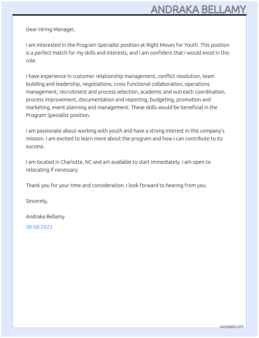 Program Specialist At Right Moves for Youth Cover Letter