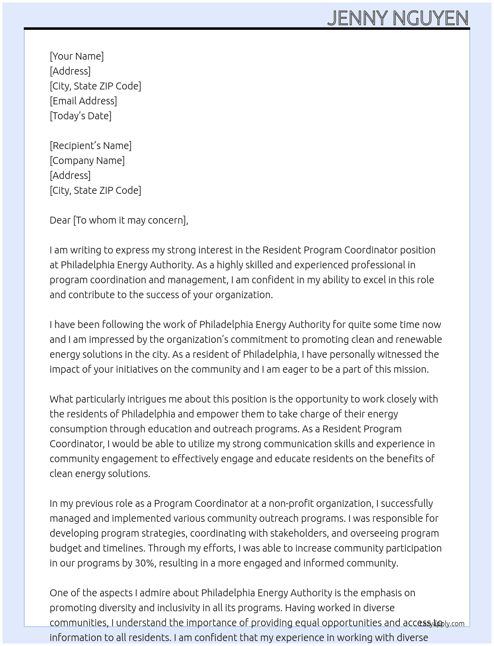 Resident Program Coordinator At Philadelphia Energy Authority Cover Letter