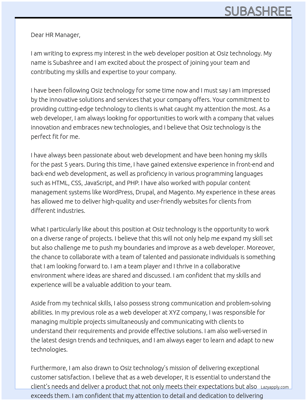 web developer At Osiz technology Cover Letter