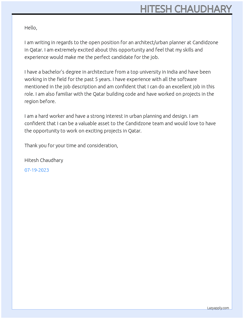 Architect - Urban Planner At Candidzone, Qatar Cover Letter