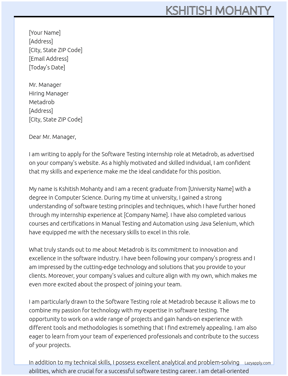 Software testing  At Metadrob Cover Letter