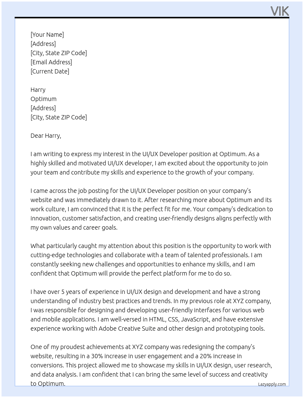 UI/UX developer At Optimum Cover Letter