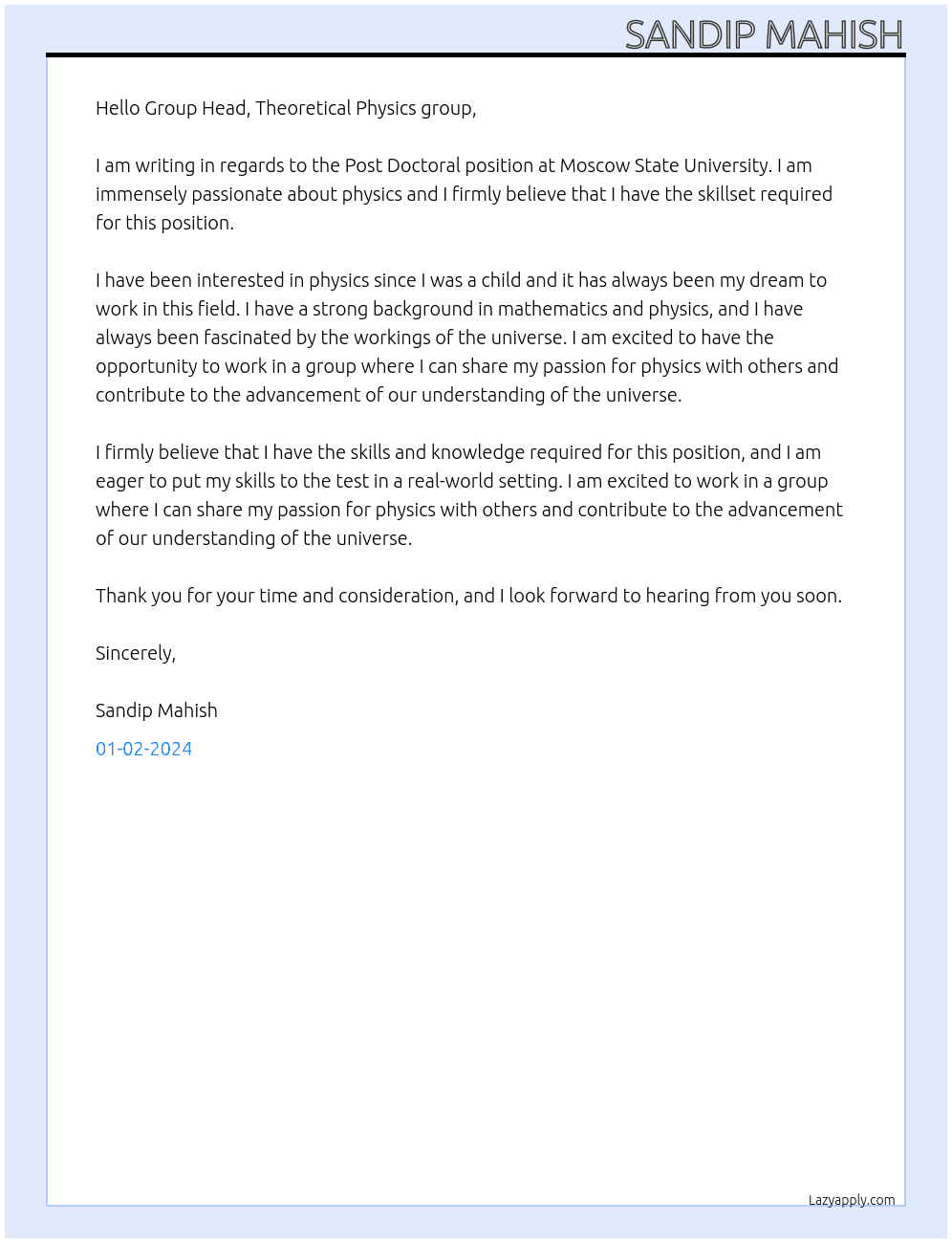 Post Doctoral position At Moscow State University Cover Letter