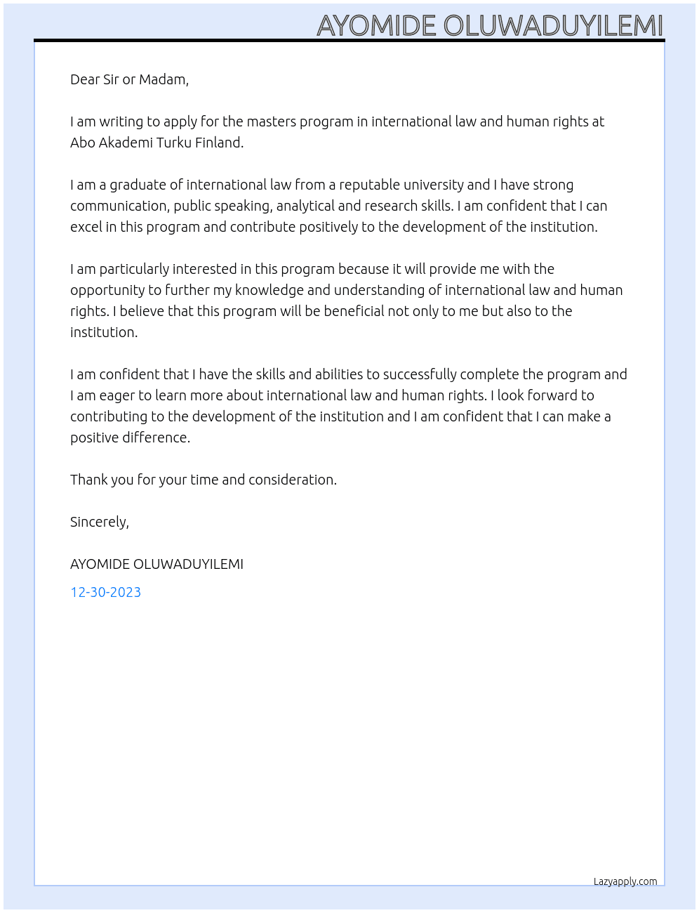 masters program in international law and human rights At Abo Akademi Turku Finland Cover Letter
