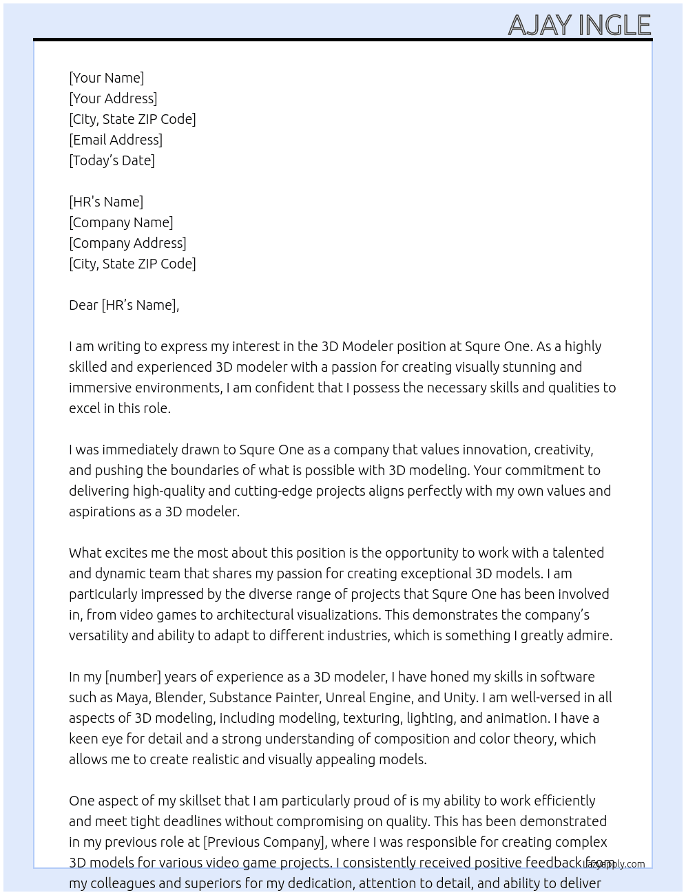 3d modeler  At Squre one  Cover Letter