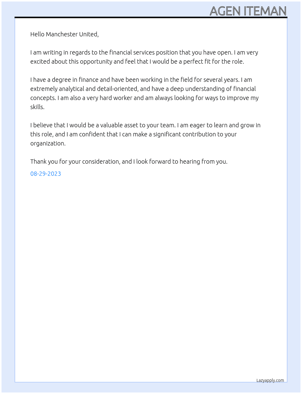 Financial services At Manchester United Cover Letter