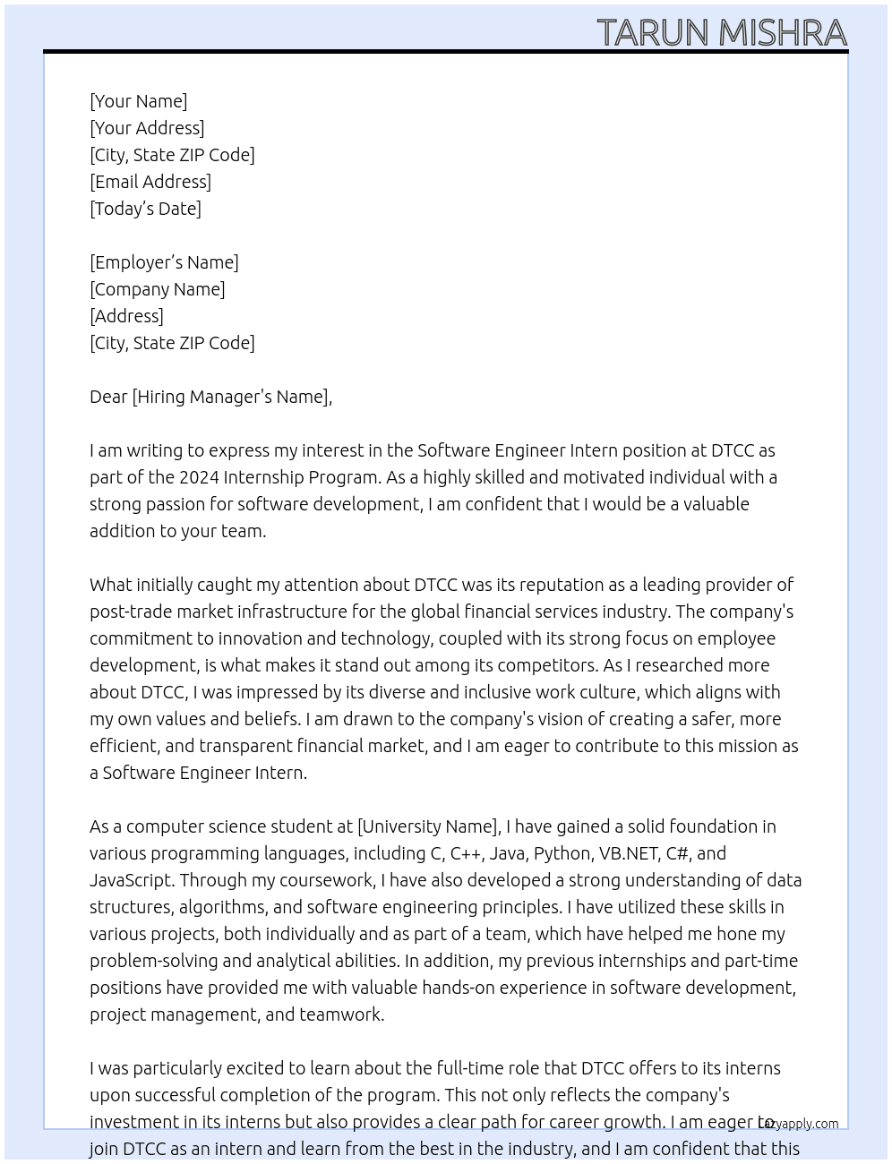 Software Engineer Intern [2024 Internship Program] At DTCC Cover Letter