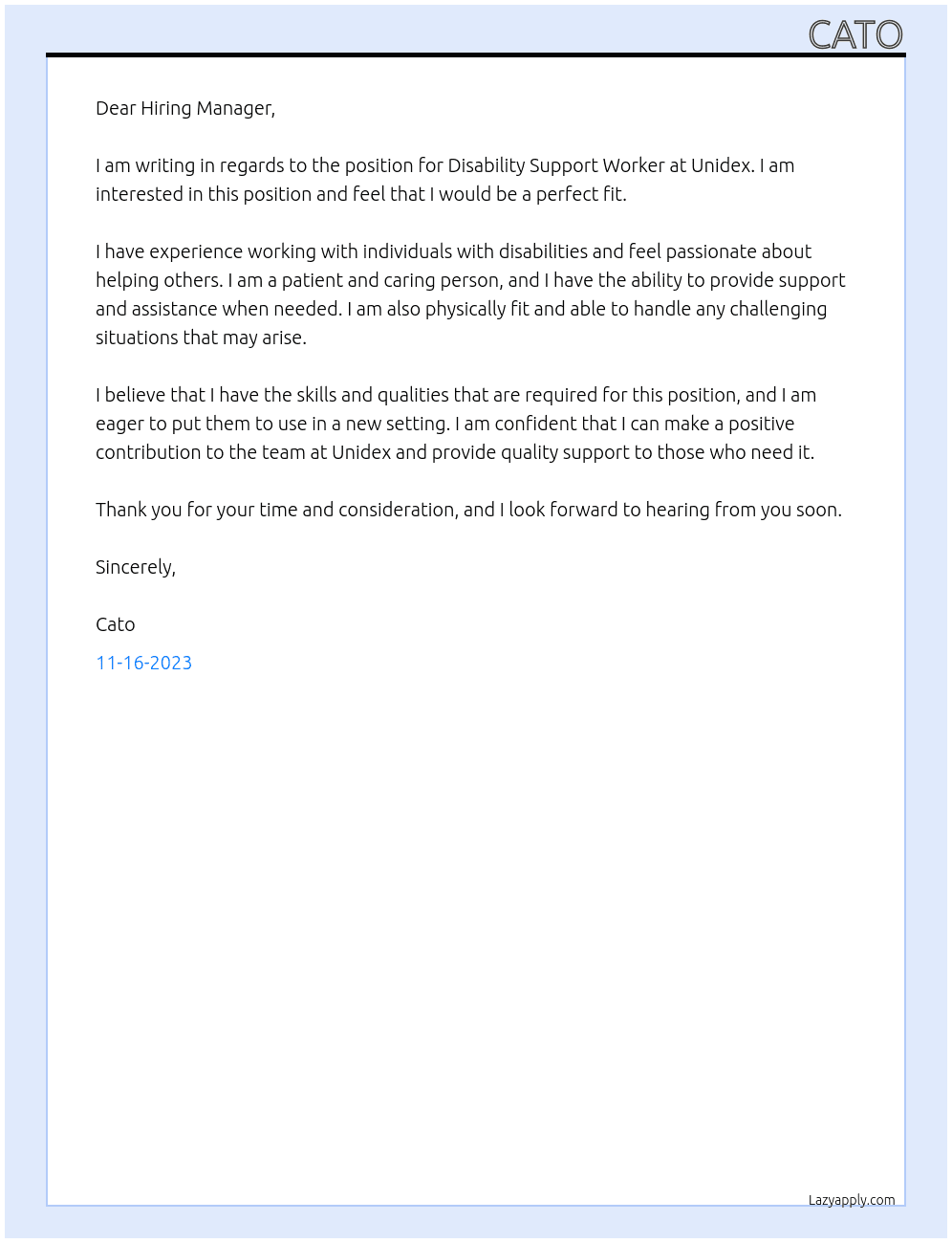 Disability Support Worker At Unidex Cover Letter