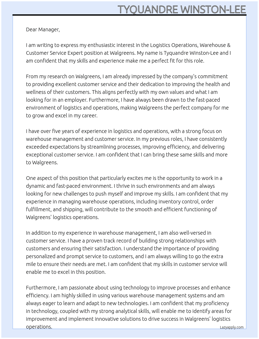 LOGISTICS OPERATIONS, warehouse & CUSTOMER SERVICE EXPERT At Walgreens  Cover Letter