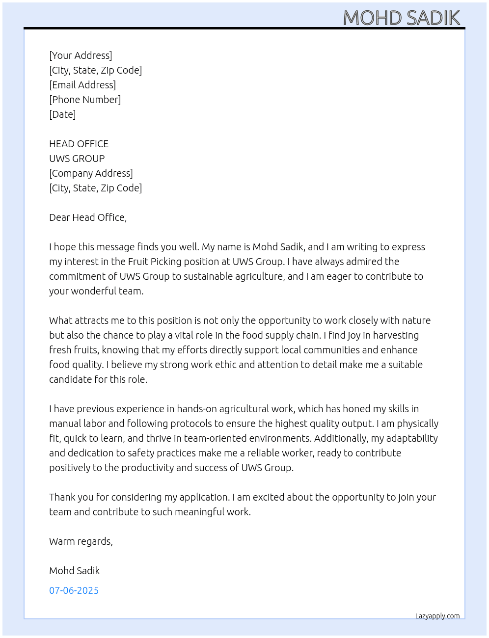 Fruit picking  At UWS GROUP  Cover Letter