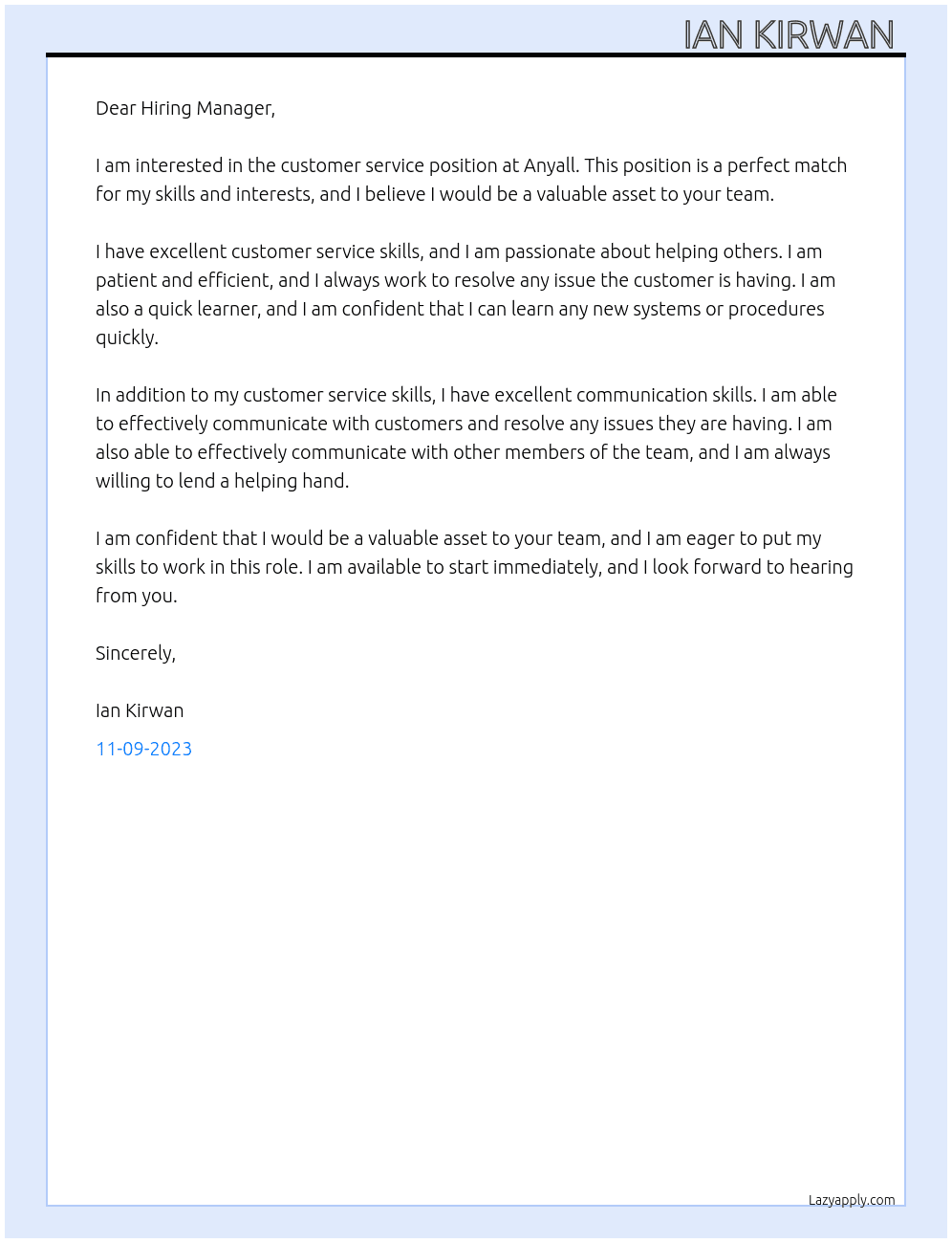 Customer service  At Anyall Cover Letter