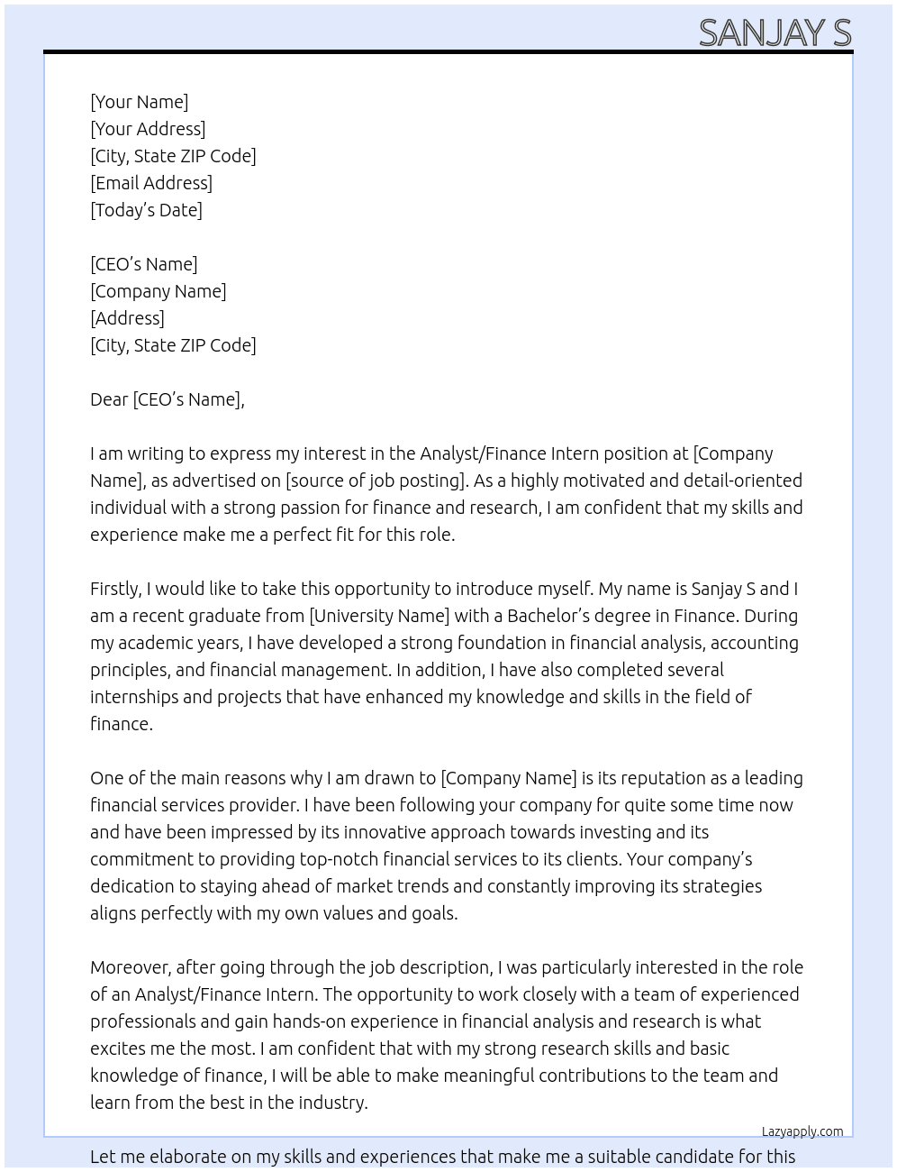 analyst/finance intern At itus capital Cover Letter