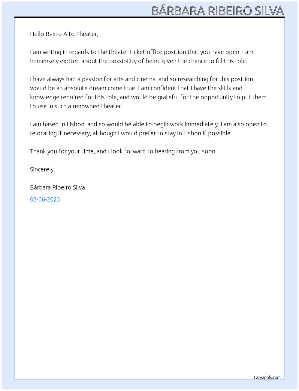 Theater ticket office At  Bairro Alto Theater Cover Letter