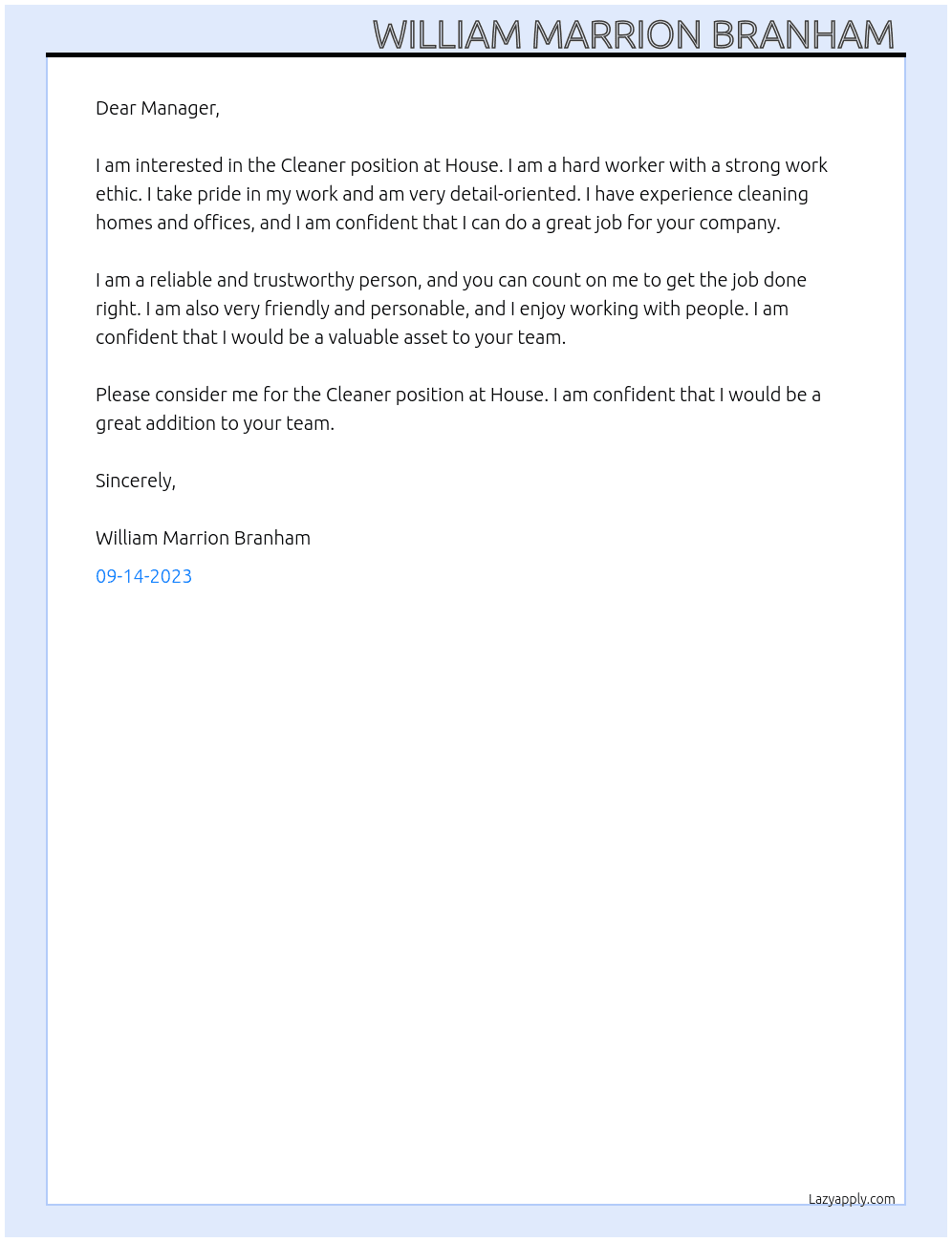 Cleaner At House Cover Letter