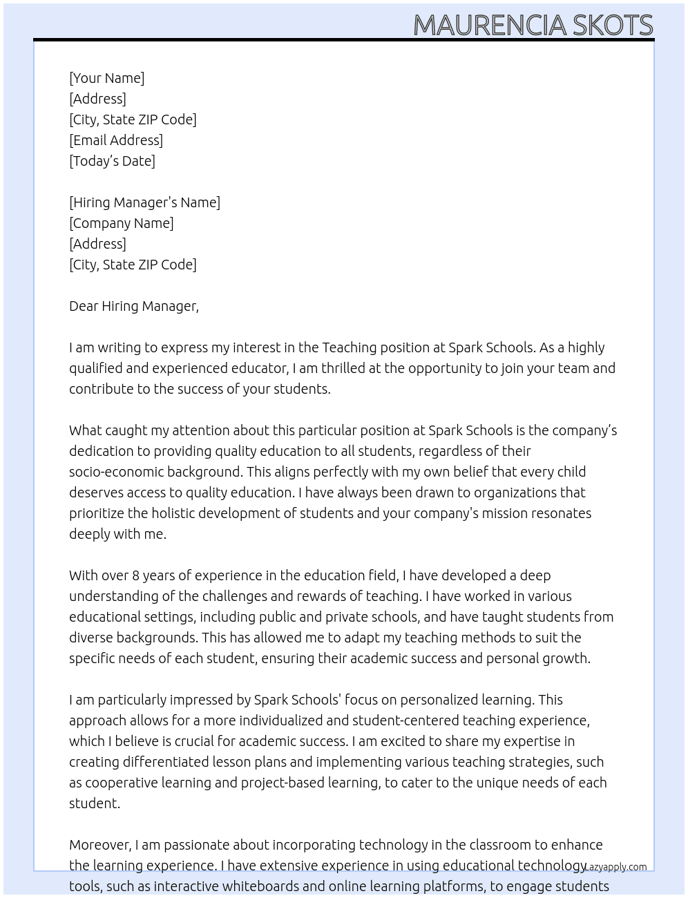 Teaching position  At Spark Schools  Cover Letter