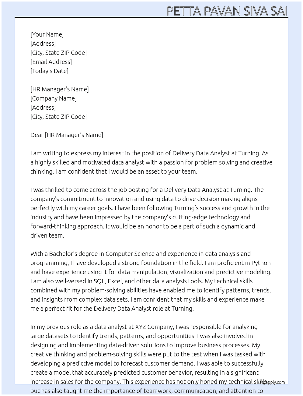 Delivery data analyst  At Turning  Cover Letter