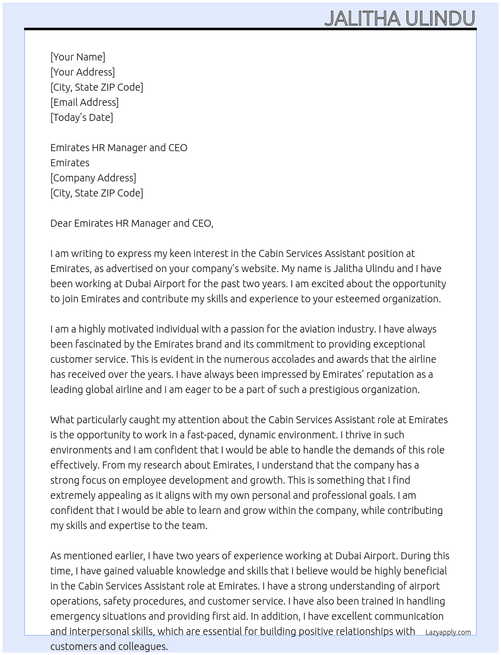 CABIN SERVICES ASSISTANT  At EMIRATES  Cover Letter