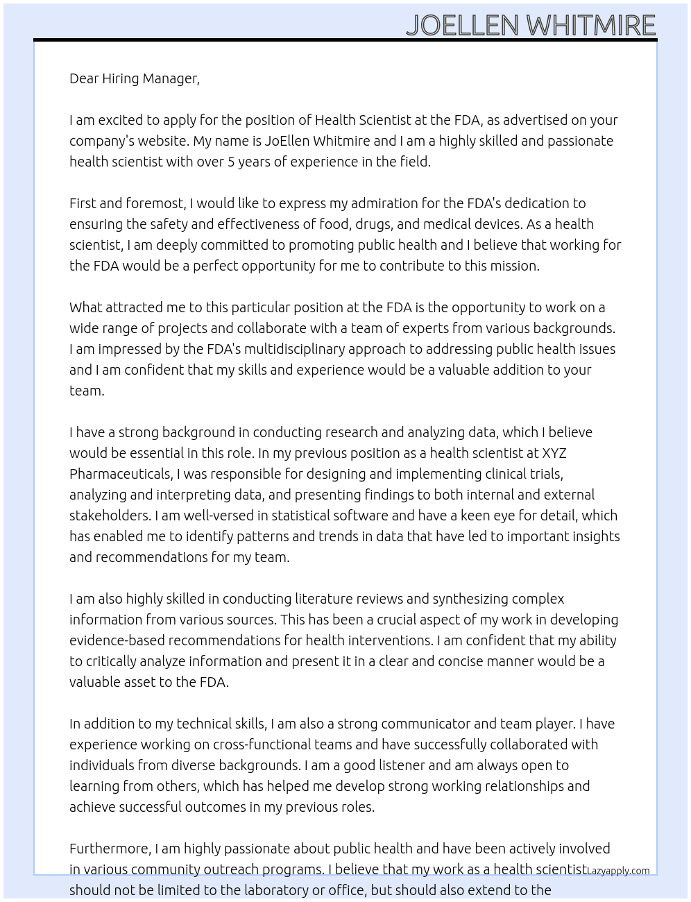 Health Scientist  At FDA Cover Letter