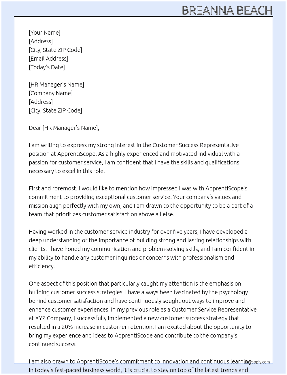 Customer Success Representative At ApprentiScope Cover Letter