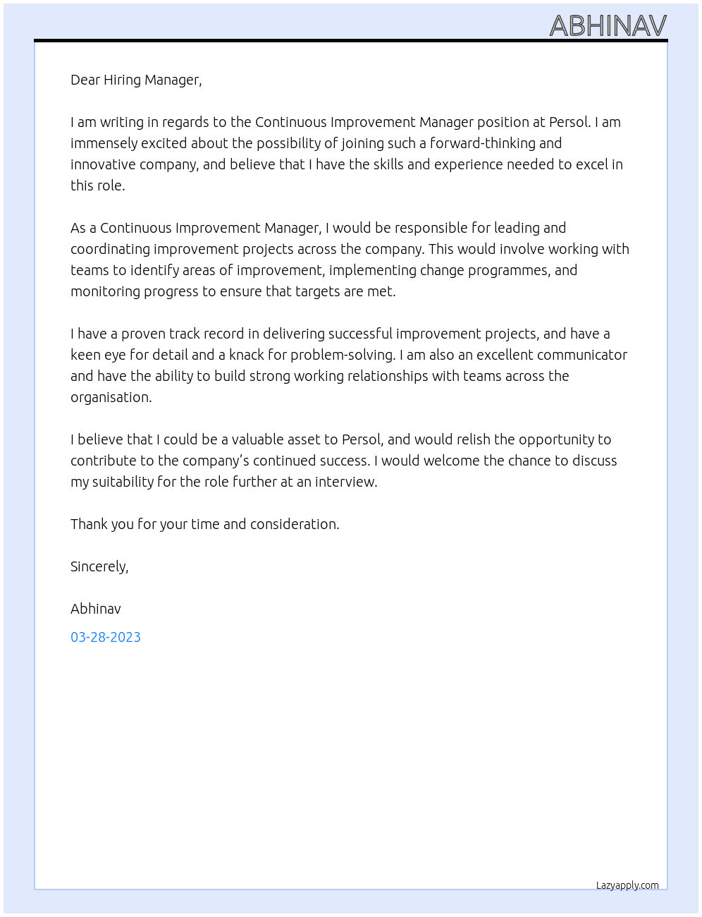 Continuous Improvement Manager At Persol Cover Letter