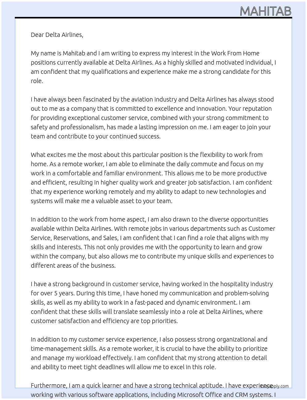 (Work From Home) Delta Airlines remote jobs At Delta Airlines Cover Letter