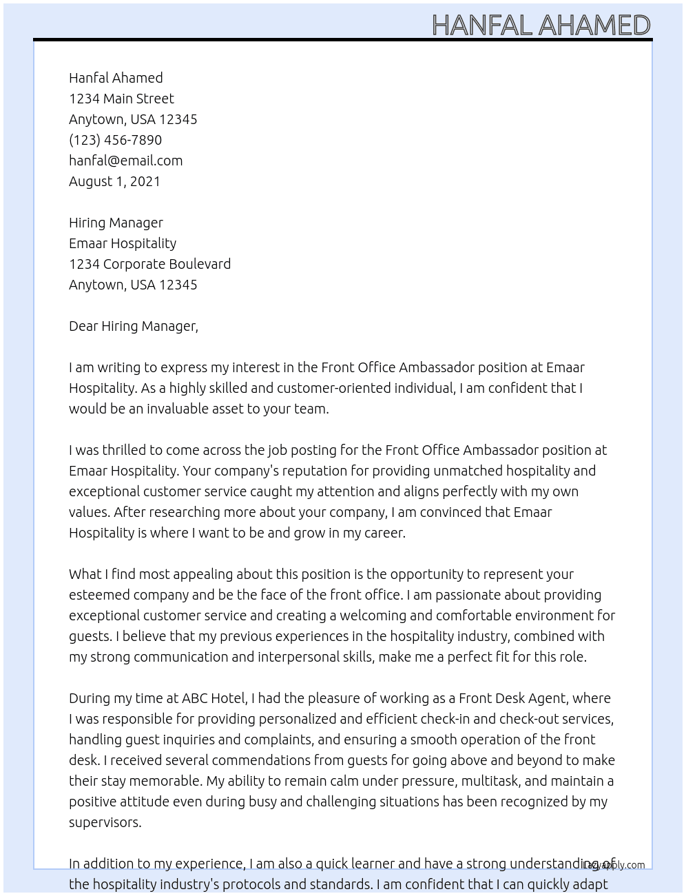 Front Office Ambassador At Emaar Hospitality Cover Letter