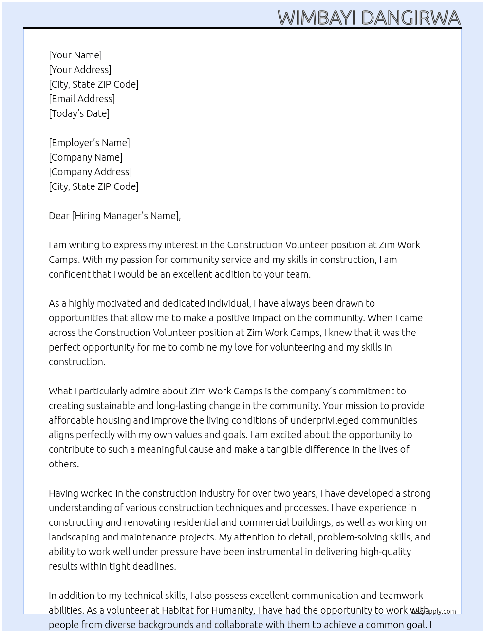 Construction Volunteer At Zim work camps Cover Letter