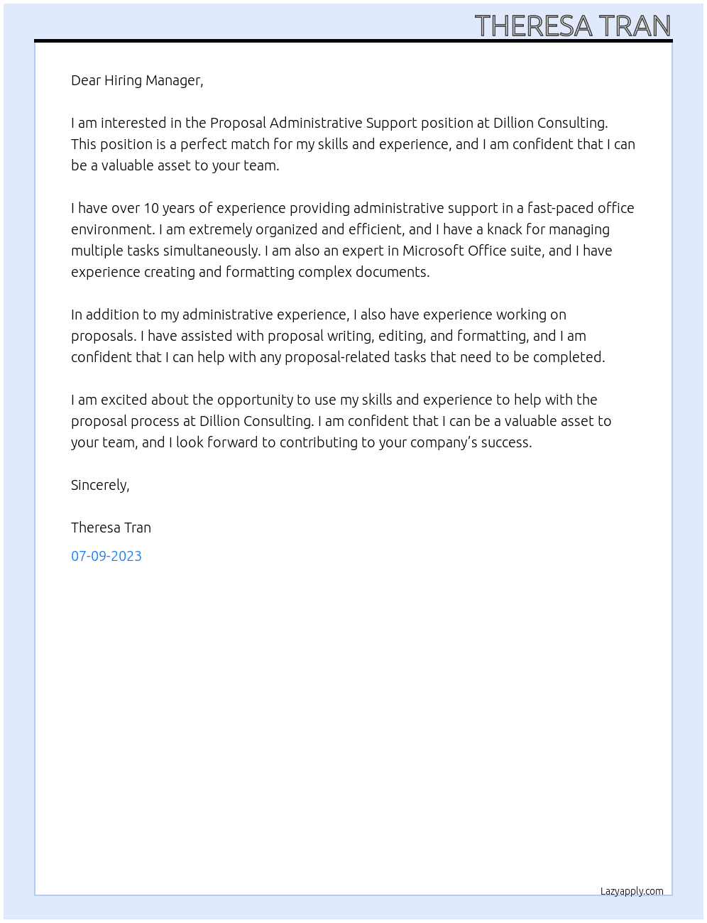 Proposal Administrative Support At Dillion Consulting Cover Letter