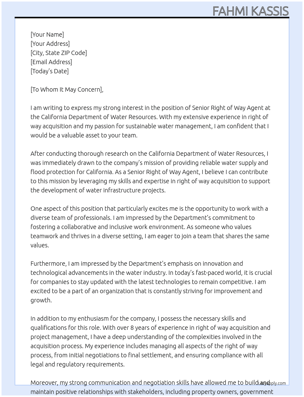 Senior Right of Way Agent At California Department of Water Resources Cover Letter