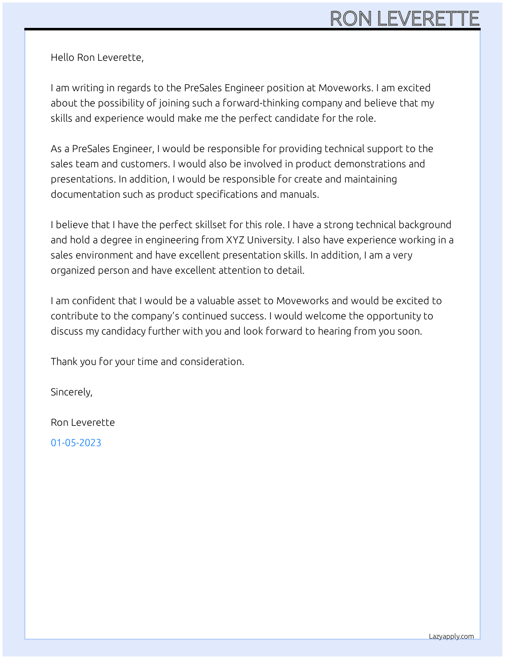 PreSales Engineer At Moveworks Cover Letter