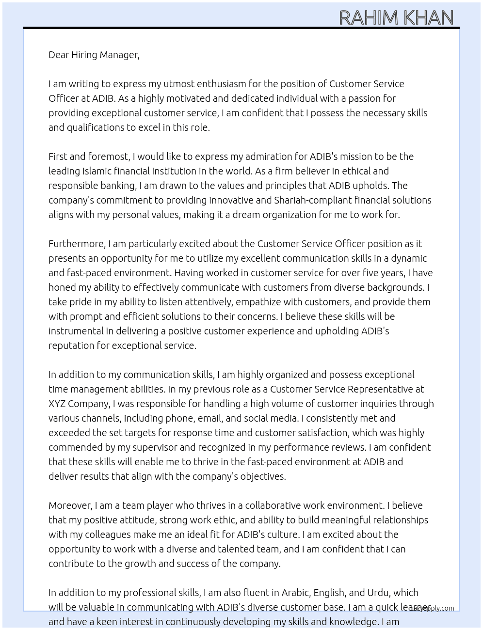 Customer Service Officer At ADIB Cover Letter