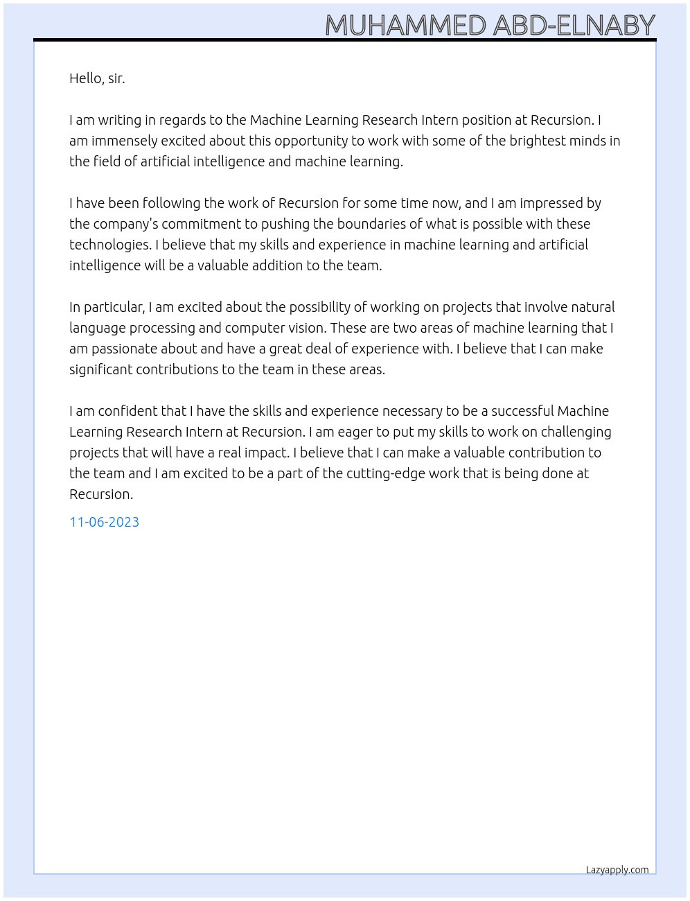 Machine Learning Research Intern At Recursion Cover Letter