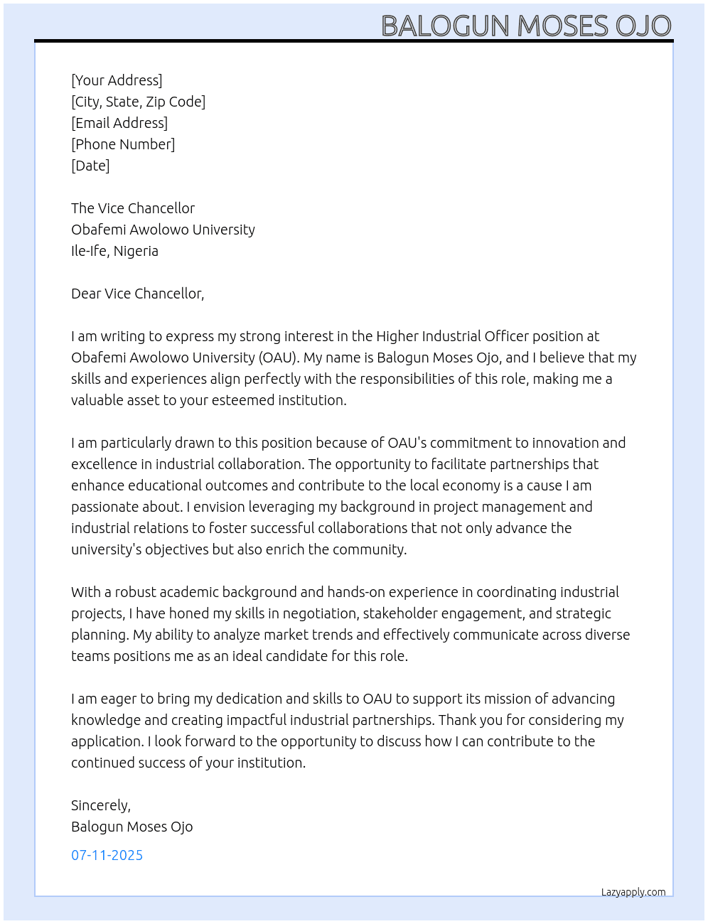 Cover letter for higher industrial officer - LazyApply