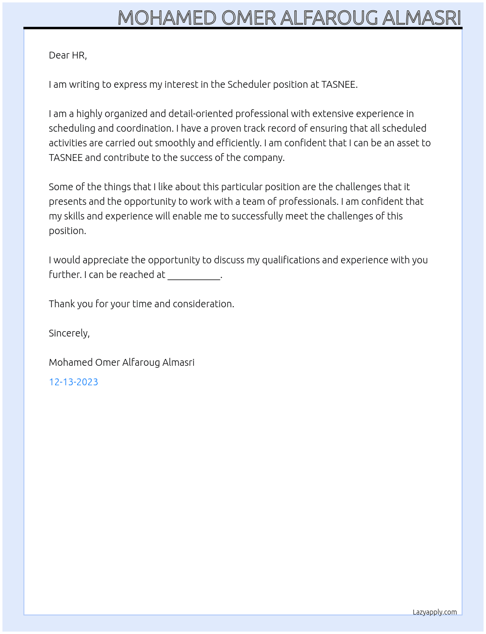 Scheduler At TASNEE Cover Letter