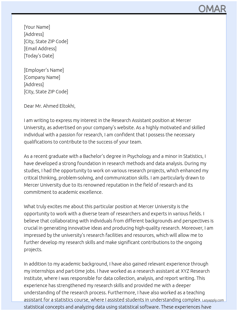 research assistant At mercer university Cover Letter