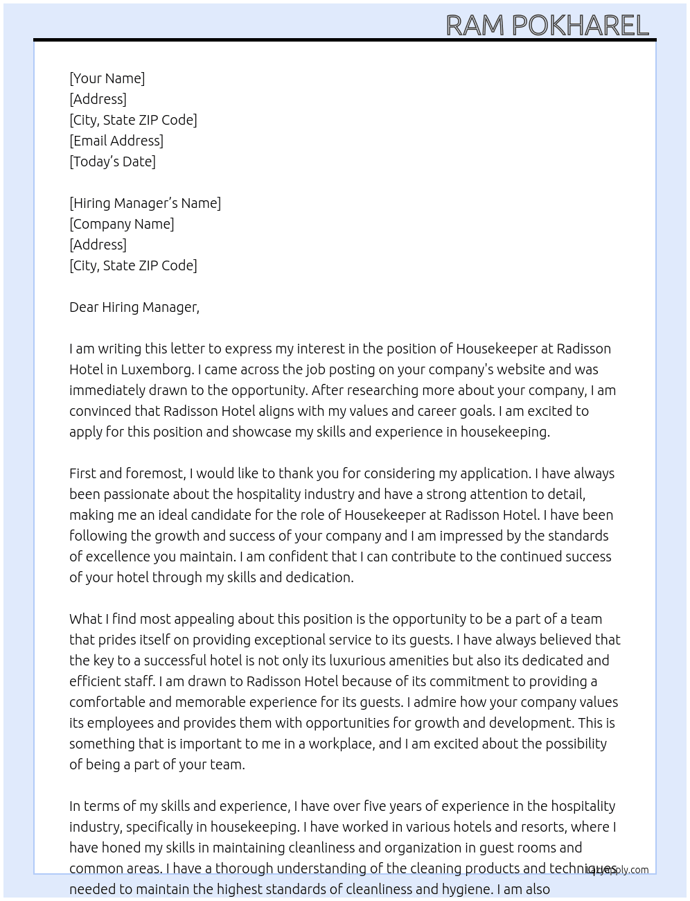 housekeeper  At Radison hotel Cover Letter
