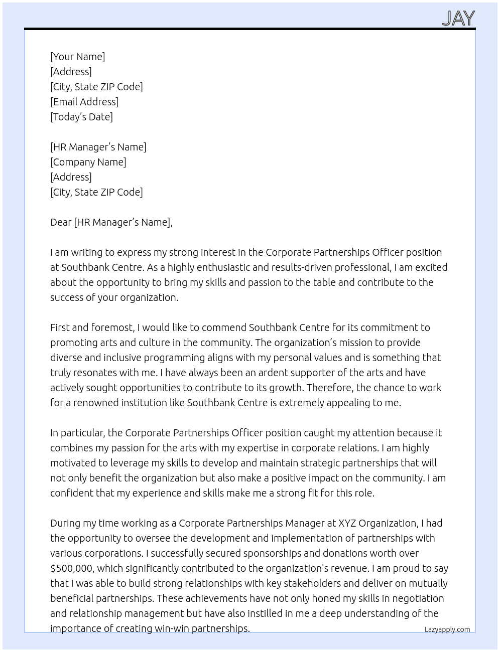 Corporate partnerships officer At Southbank Centre Cover Letter