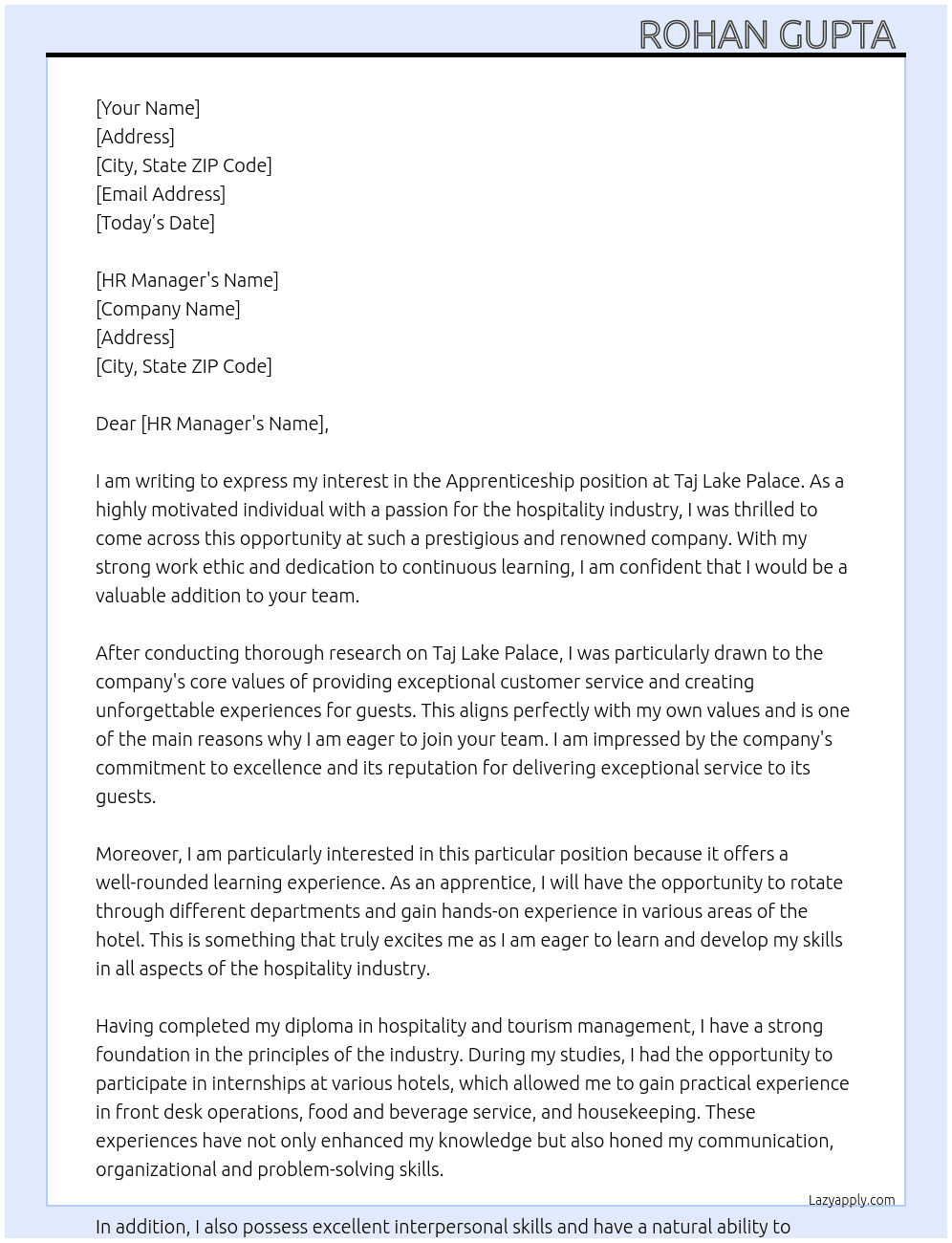 Apprenticeship  At Taj Lake Palace  Cover Letter